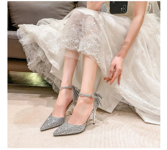 Women's Luxury Bridal High Heel Pumps Shoes Sequined Bowknot Hollow Out Closed Toe Thin Heels for All Seasons