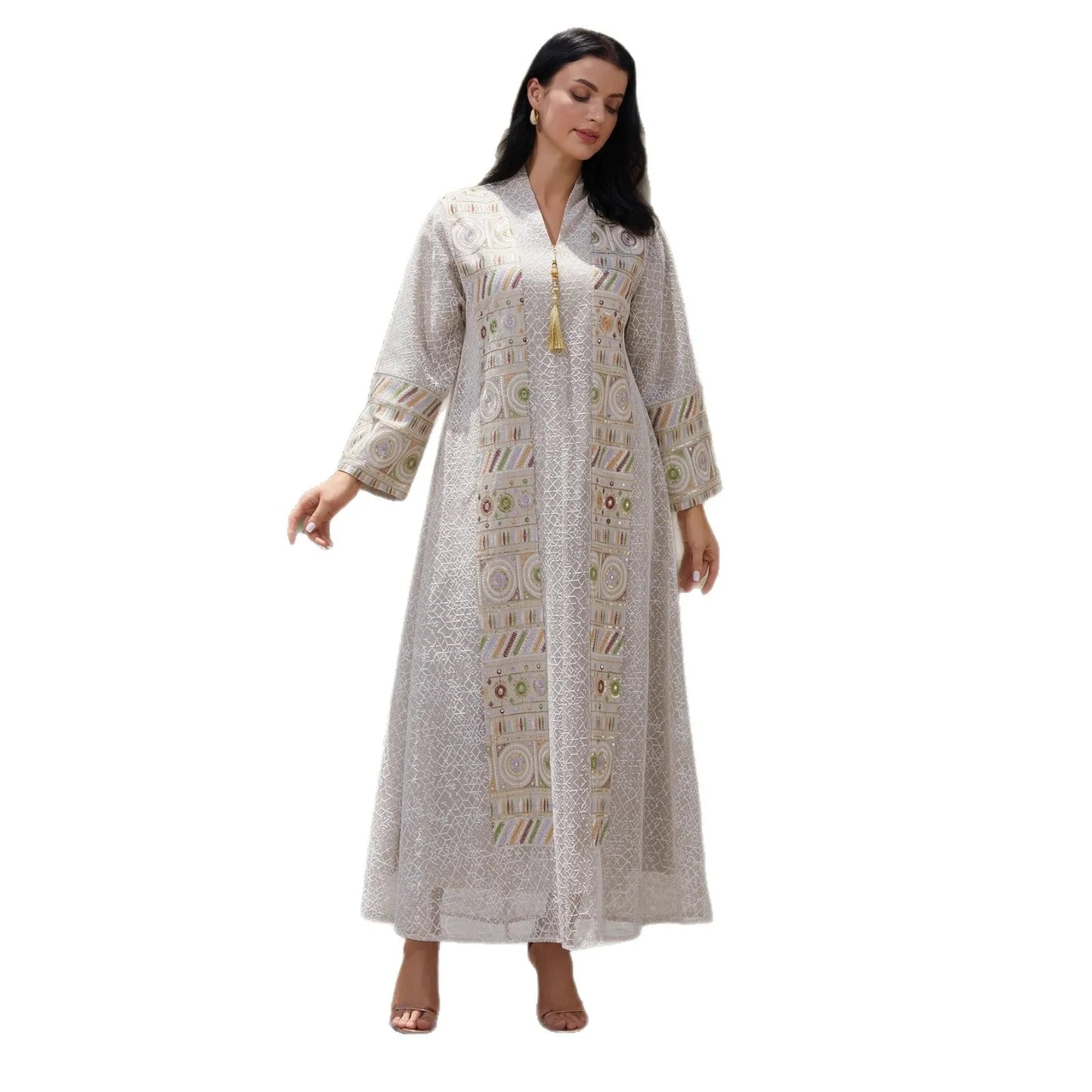 New Luxury Handmade Dubai White Beige Modest Robe Muslim Women Geometric Pattern Gold Tassel Lace Design