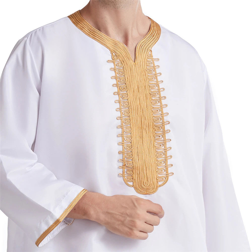 Muslim Men Jubba Thobe Solid Color Breathable Embroidery Long Robes Gown Islamic Arabic Kaftan Abaya Middle East Dubai Pakistani
