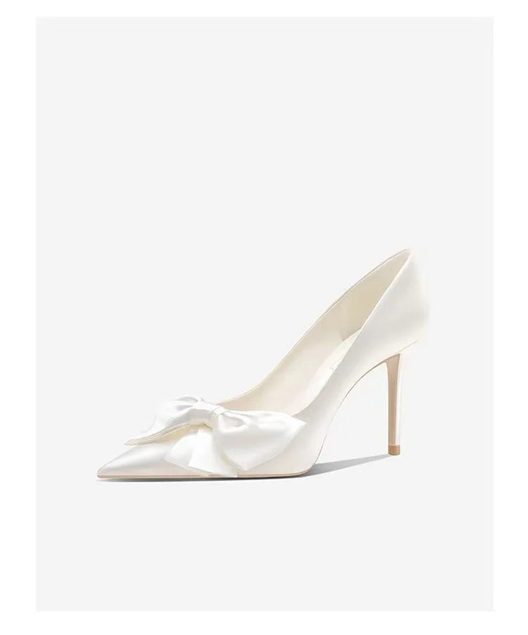 2024 Spring Summer Winter White Bowknot High Heels Women's Bridal Shoes Pointed Stiletto Heel Pumps Anti-Odor Height Increasing