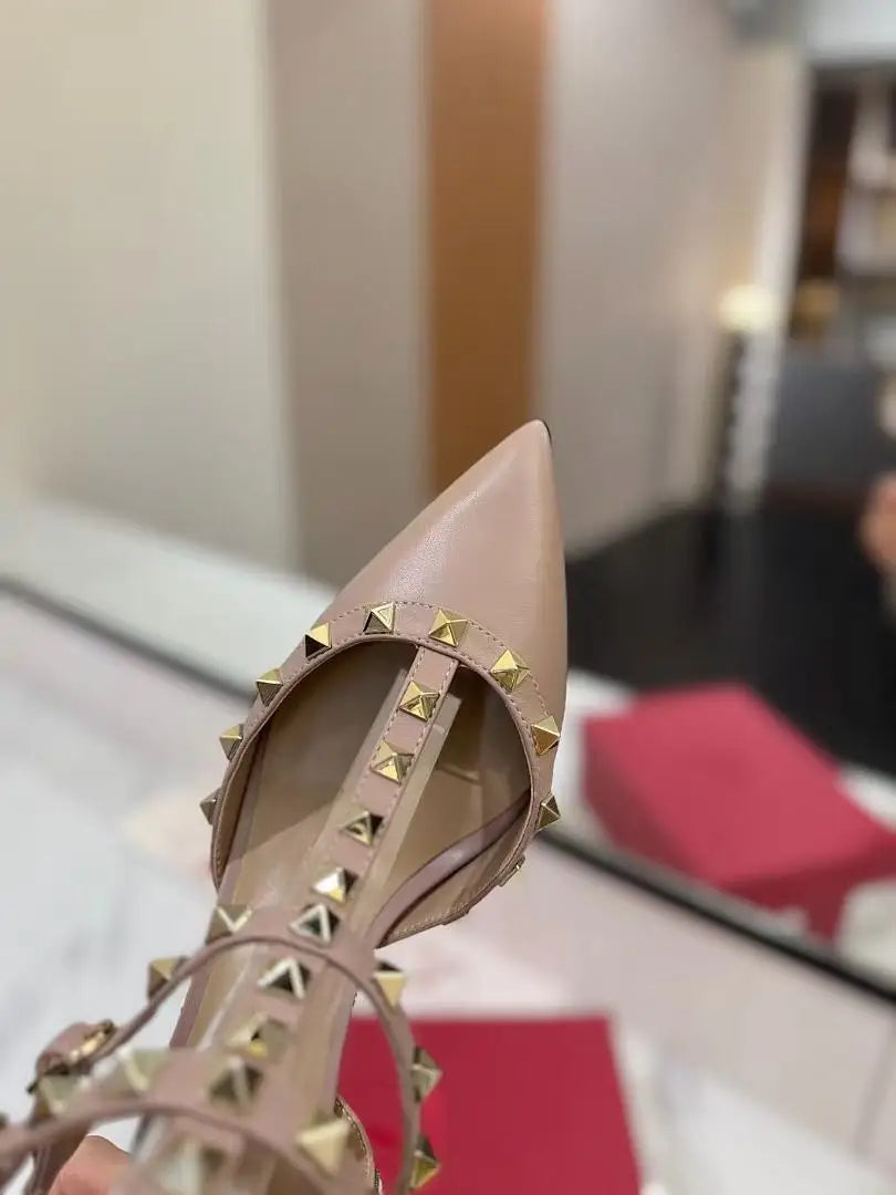 2026 Trending Summer Bridal Rivet Pointed Toe Thin Heels Slip-On Lightweight Luxury Designer Women's High Heel Shoes