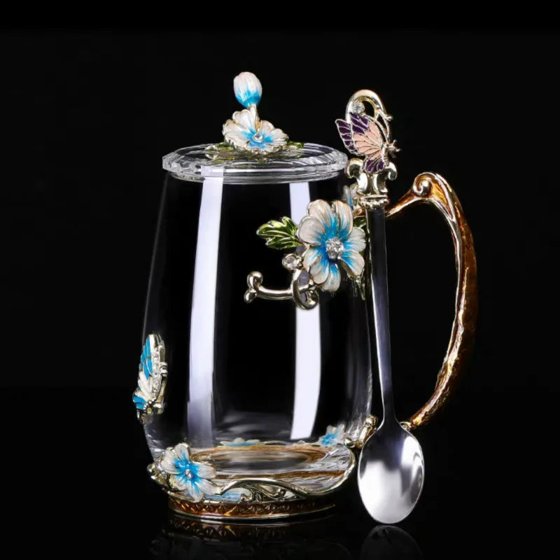 Beauty Enamel Crystal Glass Cup Flower Tea Mug High-grade Glass Water Cup and Mug with Handgrip Perfect Gift for Lover Wedding