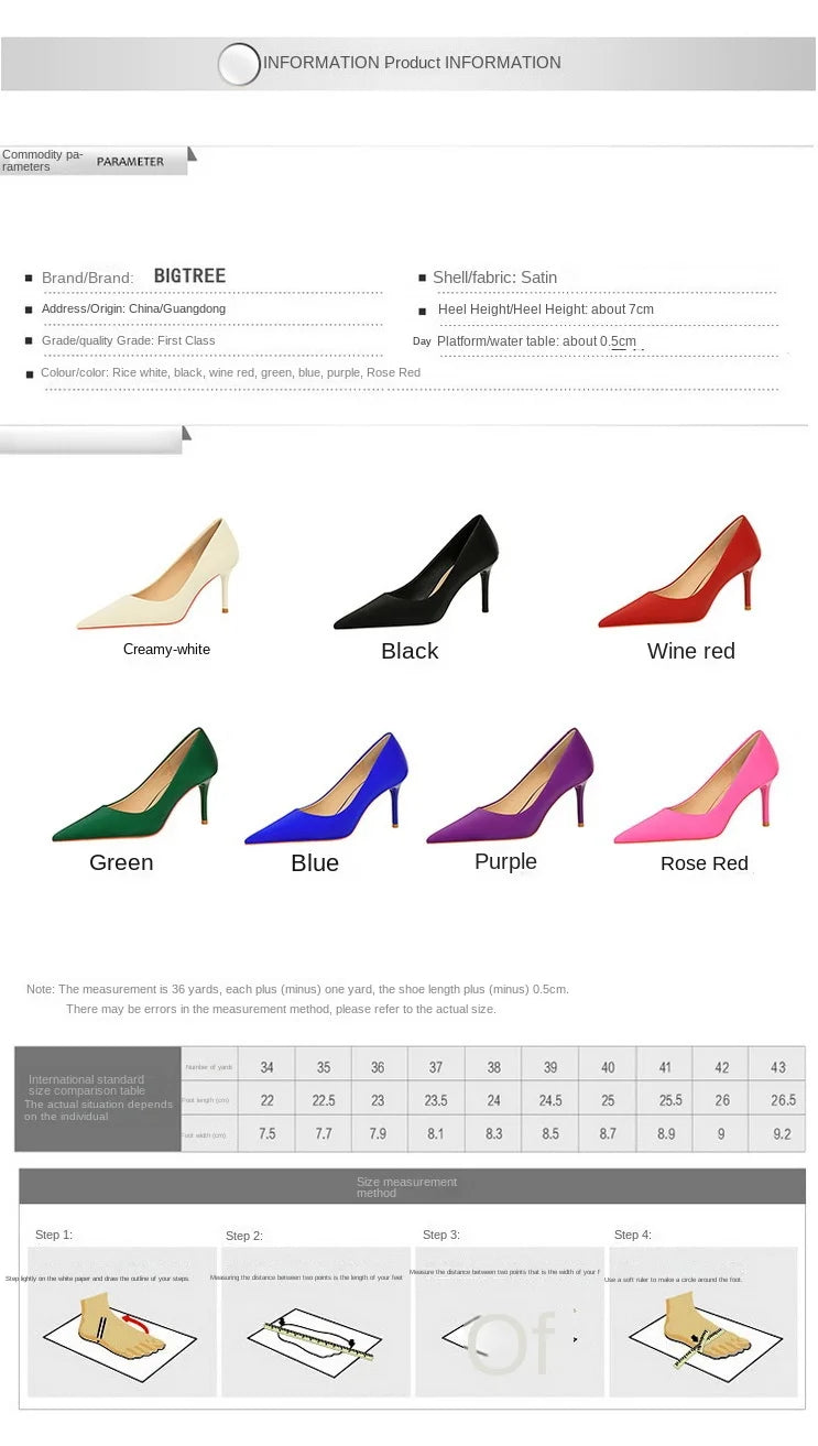 Bigtree 3265-1 Satin Slip-On Shoes with Thin Heels Comfortable Evergreen Upper Material