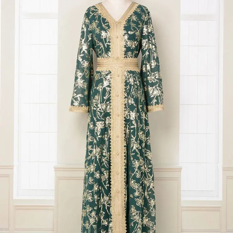 S-2XL Muslim Abaya Dress Patchwork Printed Long Sleeve Arabic Muslim Abaya Saudi Turkish Islamic Party Dress V Neck Kaftan Robe