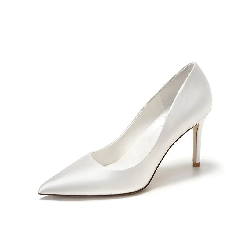 Bsstop 25 Colors Ladies Satin Thin Heels 7-9CM Pointed Toe Fashion Trend Anti-Slip Slip-On Bridal Shoes Solid Summer Autumn