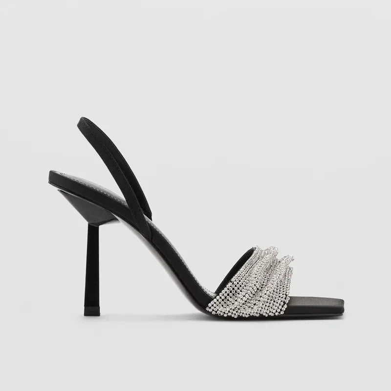 New Summer Women's Silk Satin Sandals Black Elegant Rhinestone Thin Heel Fairy Style Square Toe One-Strap High Heels