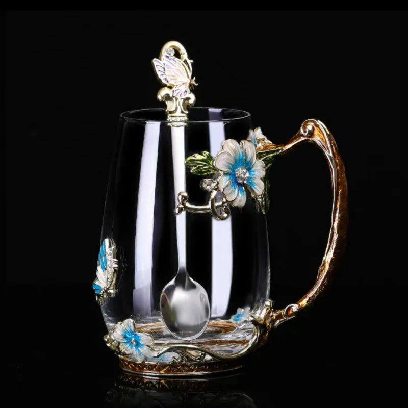 Beauty Enamel Crystal Glass Cup Flower Tea Mug High-grade Glass Water Cup and Mug with Handgrip Perfect Gift for Lover Wedding