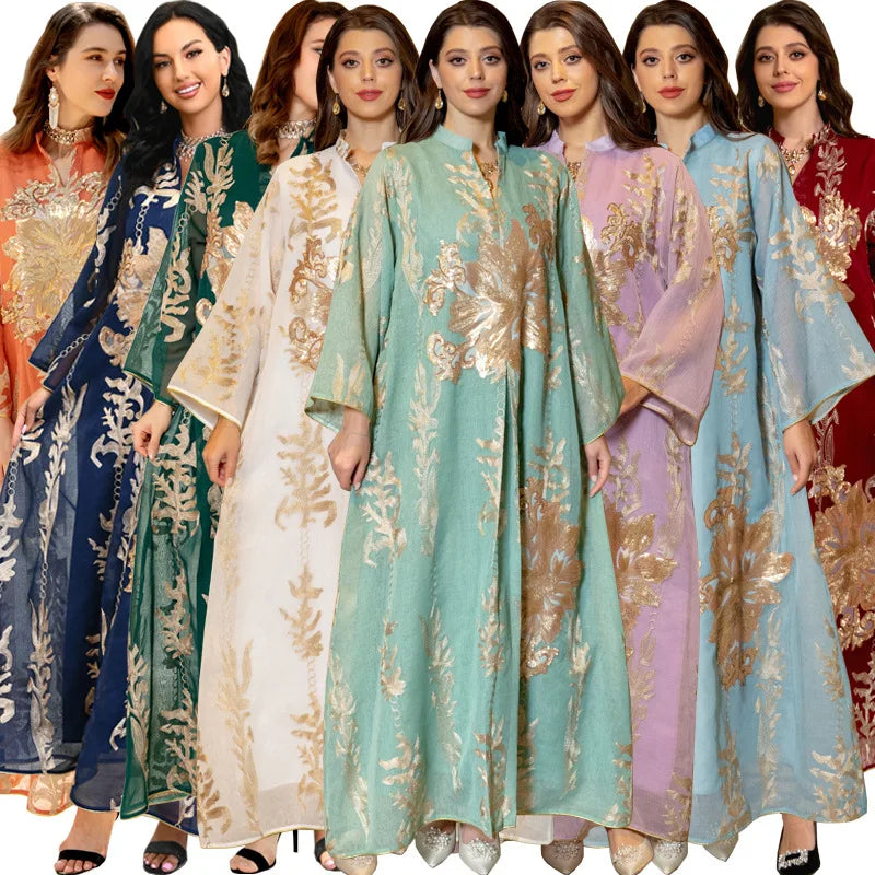 Women's New White Abaya Dress Sequins Embroidery Moroccan Kaftan Turkish Arabic Jalabiya Ethnically Islamic Robe Natural