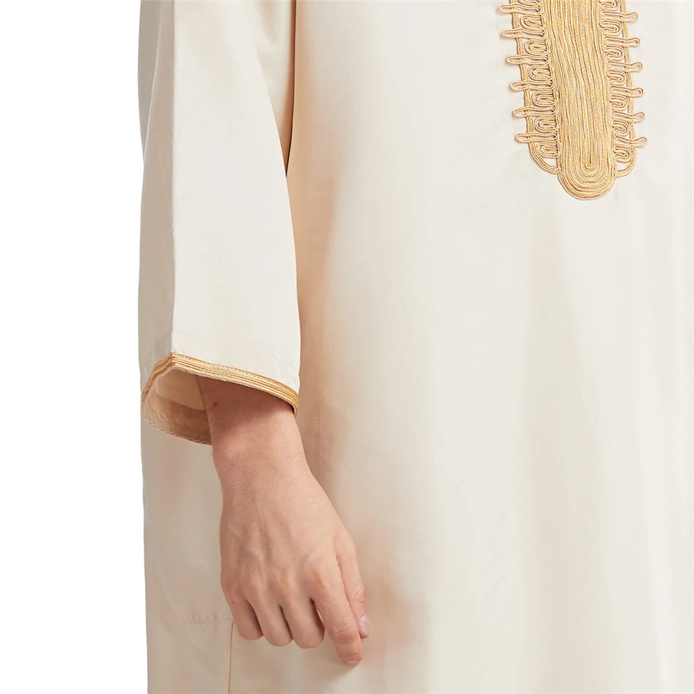 Muslim Men Jubba Thobe Solid Color Breathable Embroidery Long Robes Gown Islamic Arabic Kaftan Abaya Middle East Dubai Pakistani