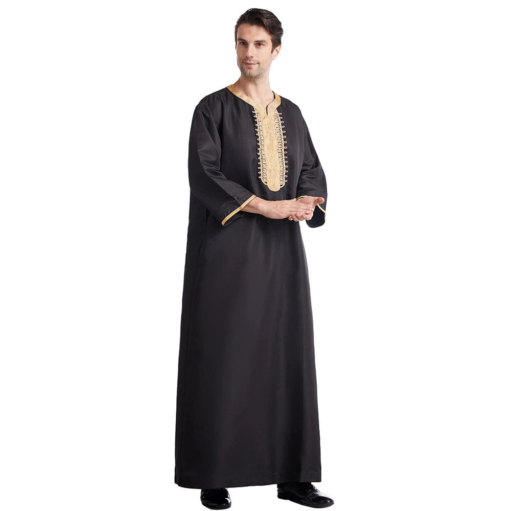 Muslim Men Jubba Thobe Solid Color Breathable Embroidery Long Robes Gown Islamic Arabic Kaftan Abaya Middle East Dubai Pakistani