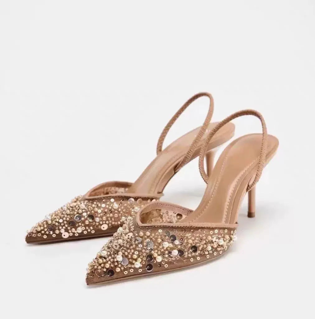 ZA Women's 2026 Summer Nude Sandals Pearl Rhinestone Pointed Toe Mules Heel Back Strap Party Wedding Dress Shoes Elegant Pumps