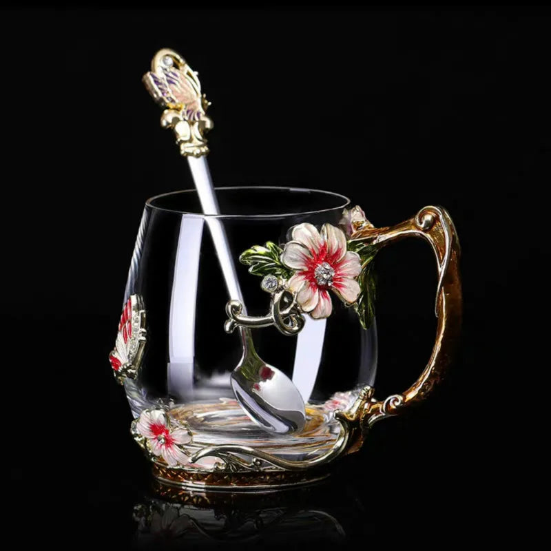 Beauty Enamel Crystal Glass Cup Flower Tea Mug High-grade Glass Water Cup and Mug with Handgrip Perfect Gift for Lover Wedding