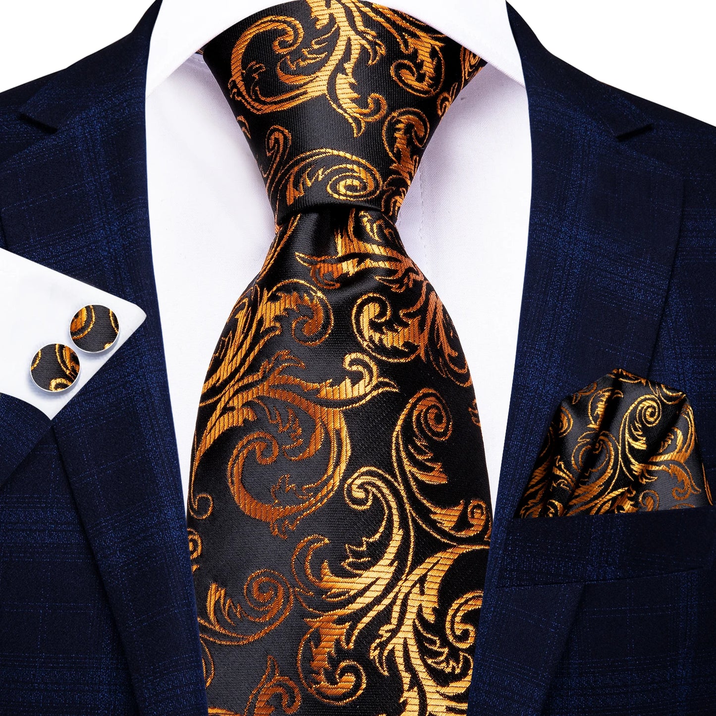 Hi-Tie 100% Silk Luxury Mens Ties Floral Black Gold Ties Paisley NeckTie Pocket Square Cufflinks Set Men's Wedding Party Tie