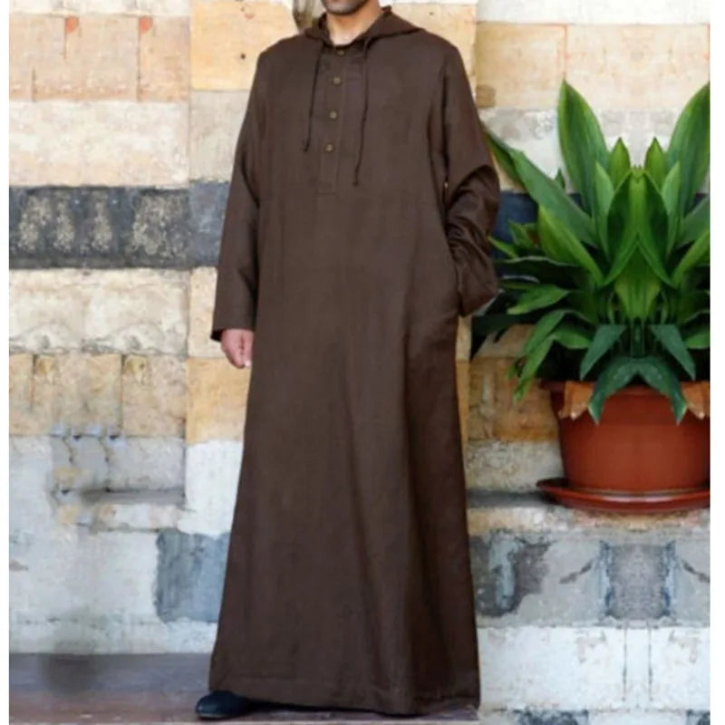 Men Muslim Clothes Solid Color Jubba Thobe Long Sleeve Hooded  Robes Dubai Middle East Men Islamic Saudi Arabia Kaftan 5XL
