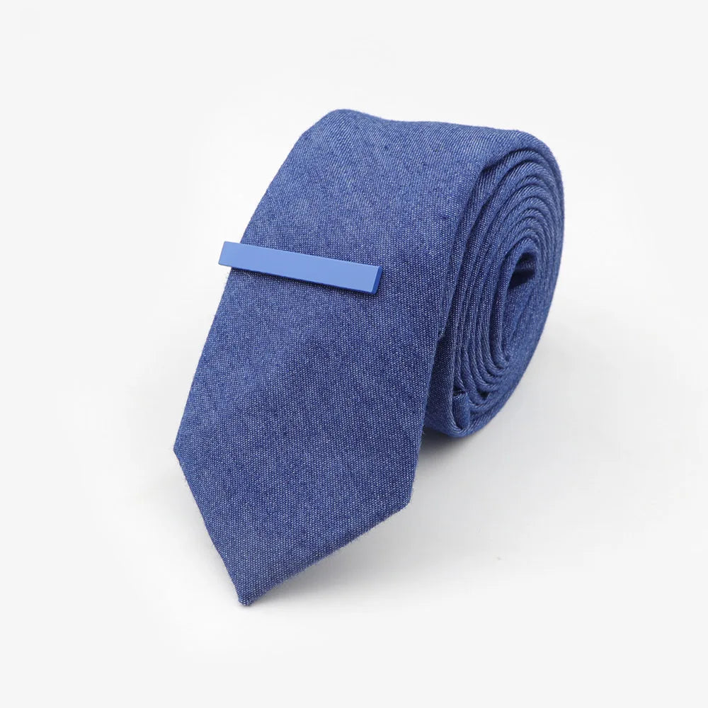 Tie&Clip Set Fashion 6cm Solid Color Linen/Cotton Necktie Bright Ties Pin Clips Clasp Colourful for Men's Clothing Accessories