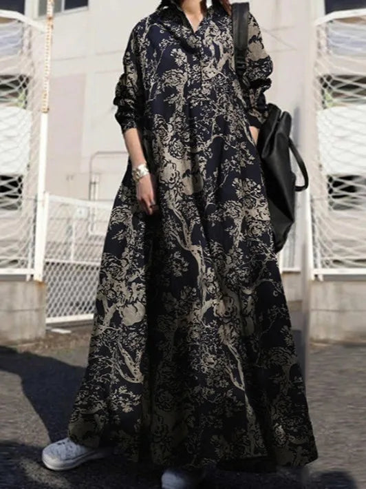 Plus Size Women's Casual Dresses Single Row Button Printed Loose Skirt That Covers Belly Ethnic Style Long Sleeve Dress