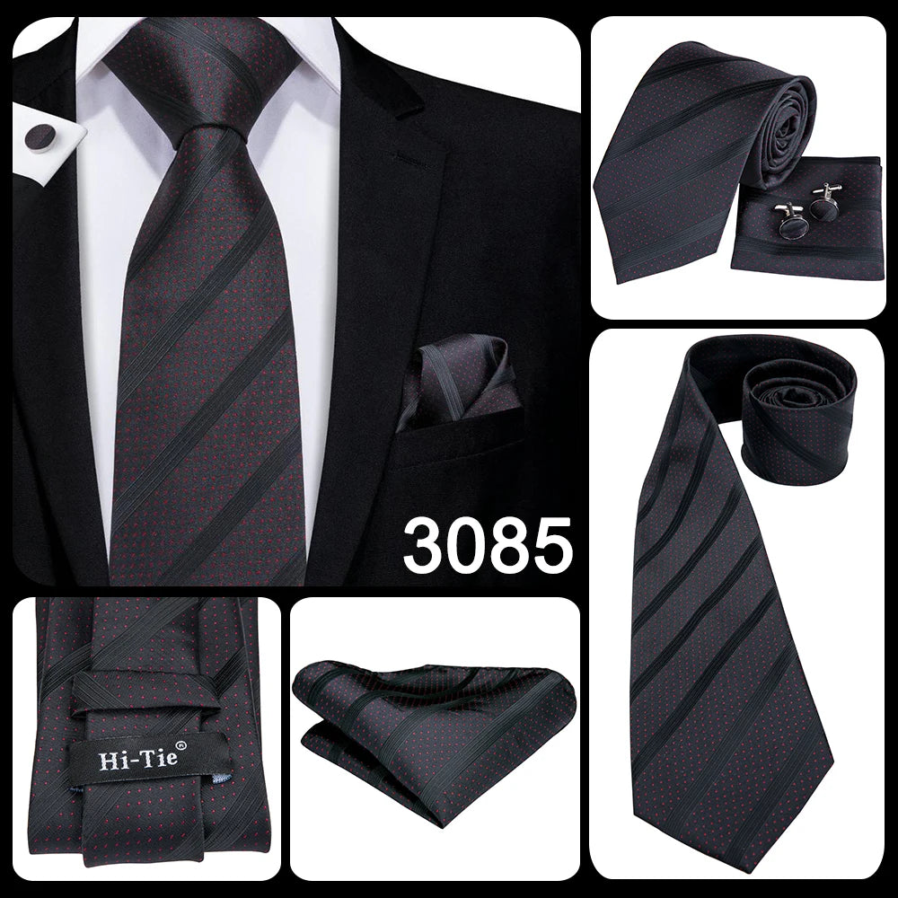 Hi-tie Design Black Solid Dot Silk Wedding Tie For Men Hanky Cufflink Gift Men Necktie Gravata Set Fashion Business Dropshipping