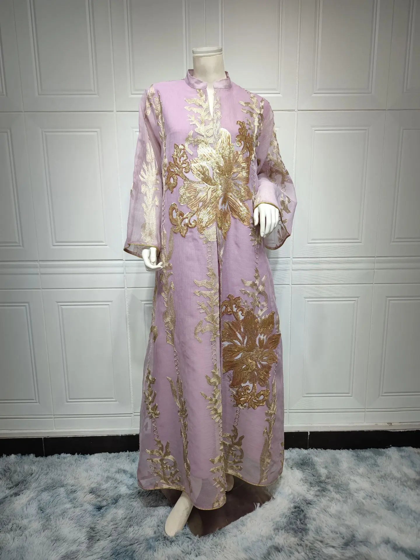 Women's New White Abaya Dress Sequins Embroidery Moroccan Kaftan Turkish Arabic Jalabiya Ethnically Islamic Robe Natural