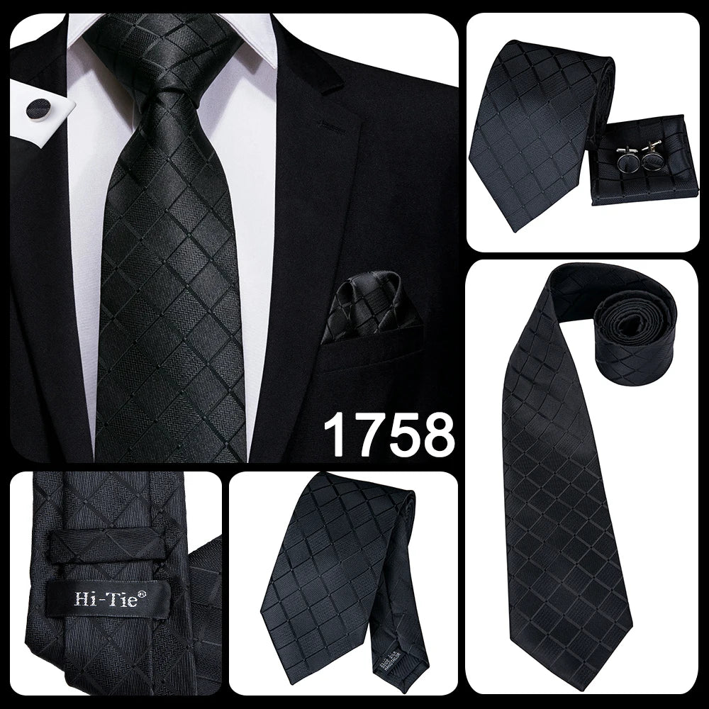 Hi-tie Design Black Solid Dot Silk Wedding Tie For Men Hanky Cufflink Gift Men Necktie Gravata Set Fashion Business Dropshipping