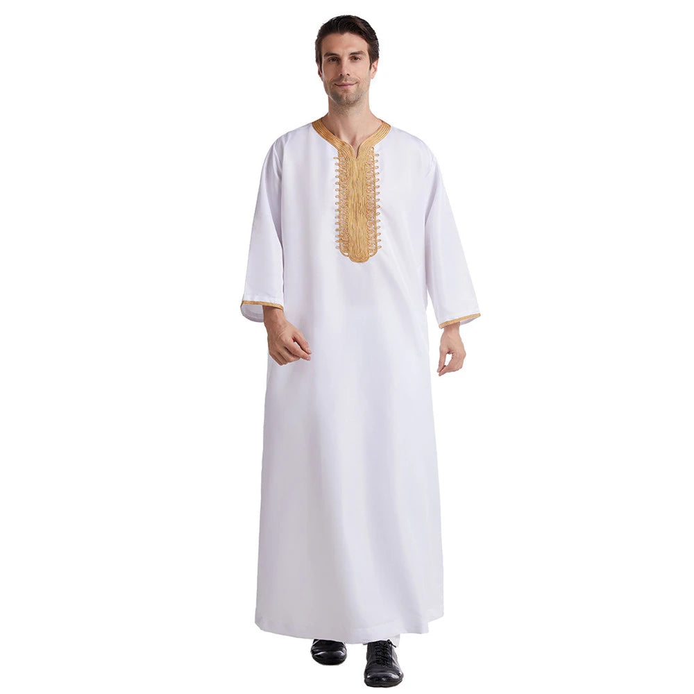 Muslim Men Jubba Thobe Solid Color Breathable Embroidery Long Robes Gown Islamic Arabic Kaftan Abaya Middle East Dubai Pakistani