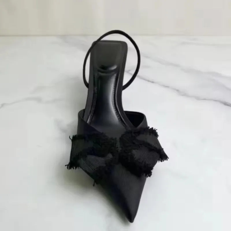 STYLE Slingback Shoes Black Bow Decoration Pointed Toe High Heels Formal Business Stiletto Female Party Sandals