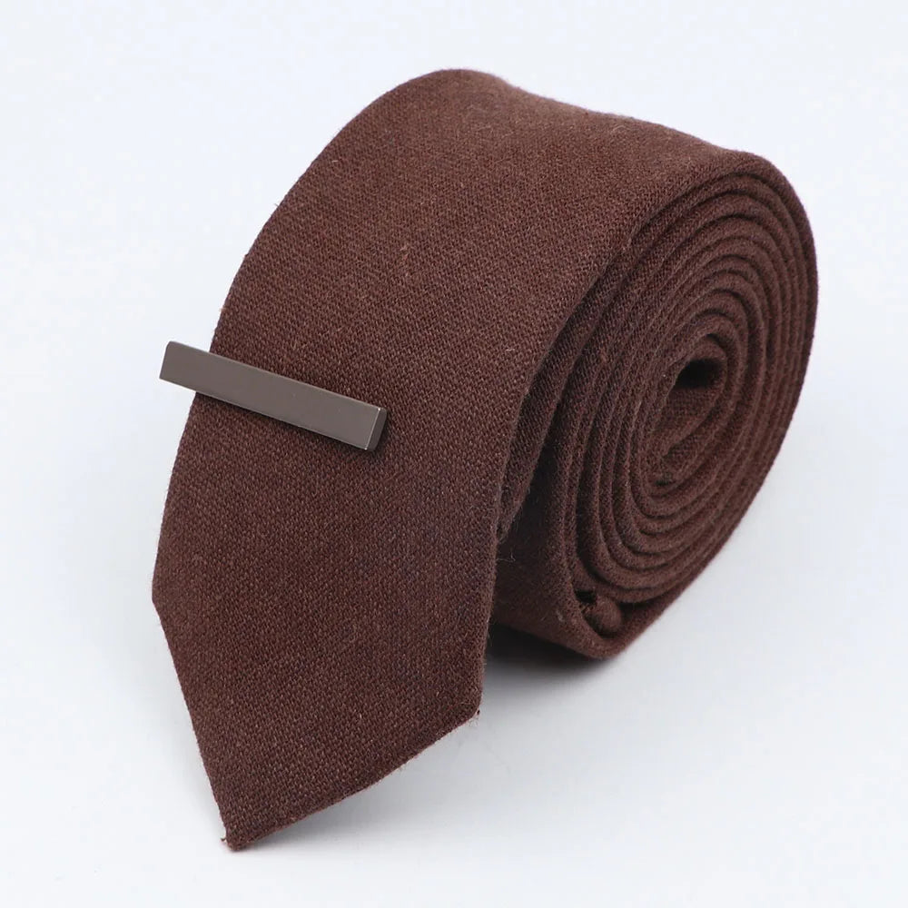 Tie&Clip Set Fashion 6cm Solid Color Linen/Cotton Necktie Bright Ties Pin Clips Clasp Colourful for Men's Clothing Accessories
