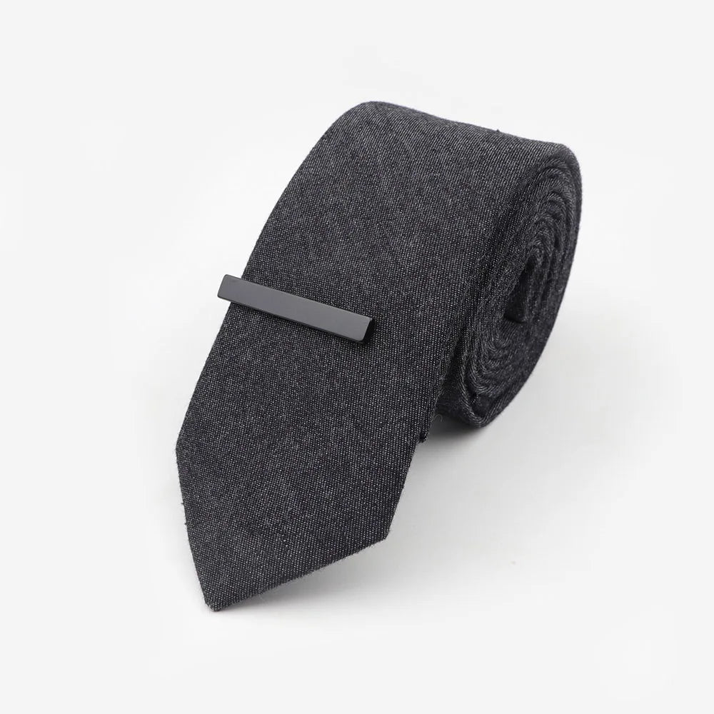 Tie&Clip Set Fashion 6cm Solid Color Linen/Cotton Necktie Bright Ties Pin Clips Clasp Colourful for Men's Clothing Accessories
