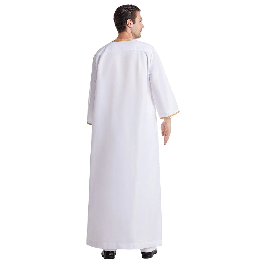 Muslim Men Jubba Thobe Solid Color Breathable Embroidery Long Robes Gown Islamic Arabic Kaftan Abaya Middle East Dubai Pakistani