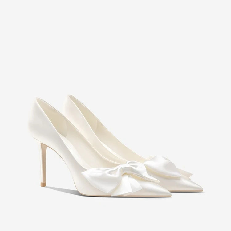 2024 Spring Summer Winter White Bowknot High Heels Women's Bridal Shoes Pointed Stiletto Heel Pumps Anti-Odor Height Increasing