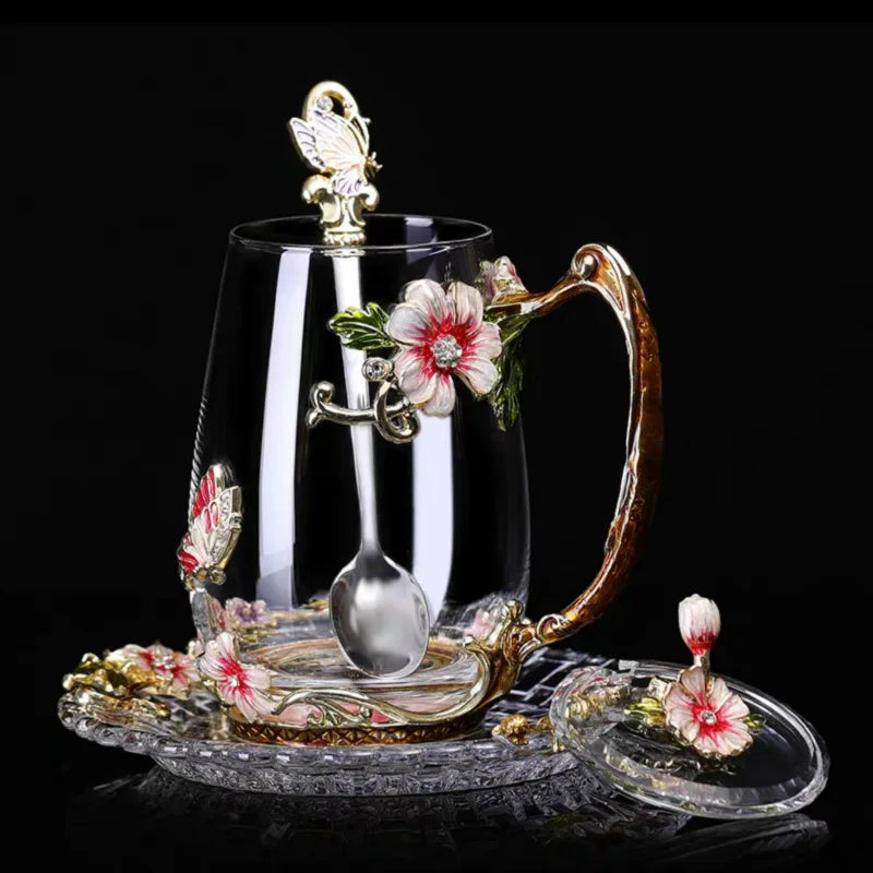 Beauty Enamel Crystal Glass Cup Flower Tea Mug High-grade Glass Water Cup and Mug with Handgrip Perfect Gift for Lover Wedding