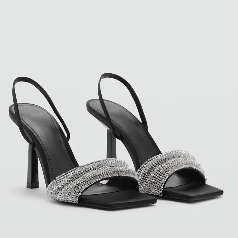 New Summer Women's Silk Satin Sandals Black Elegant Rhinestone Thin Heel Fairy Style Square Toe One-Strap High Heels