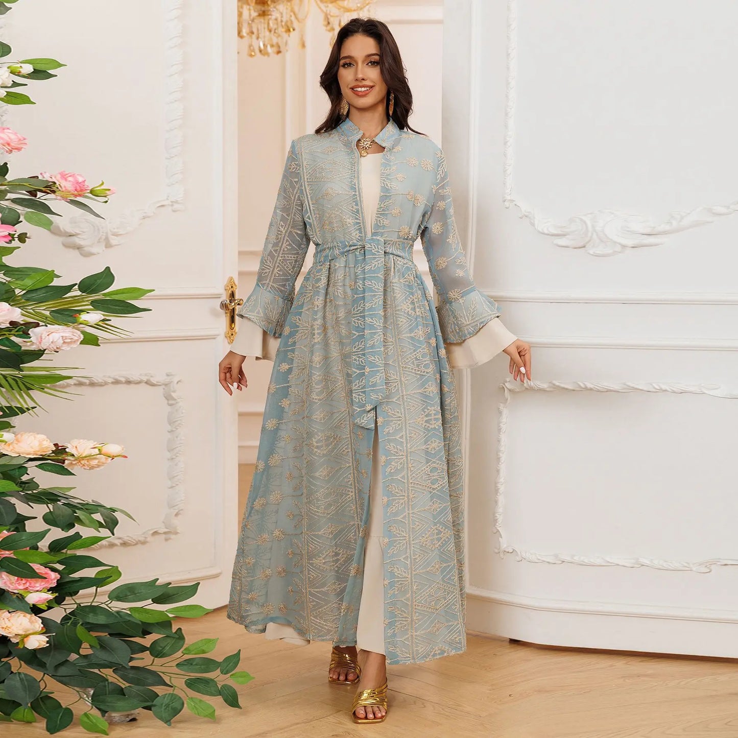 Fall Casual Maxi Dresses for Women Flare Sleeve Embroidery Lace Dress