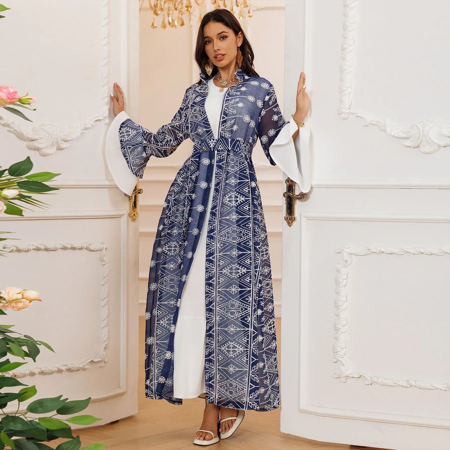 Fall Casual Maxi Dresses for Women Flare Sleeve Embroidery Lace Dress