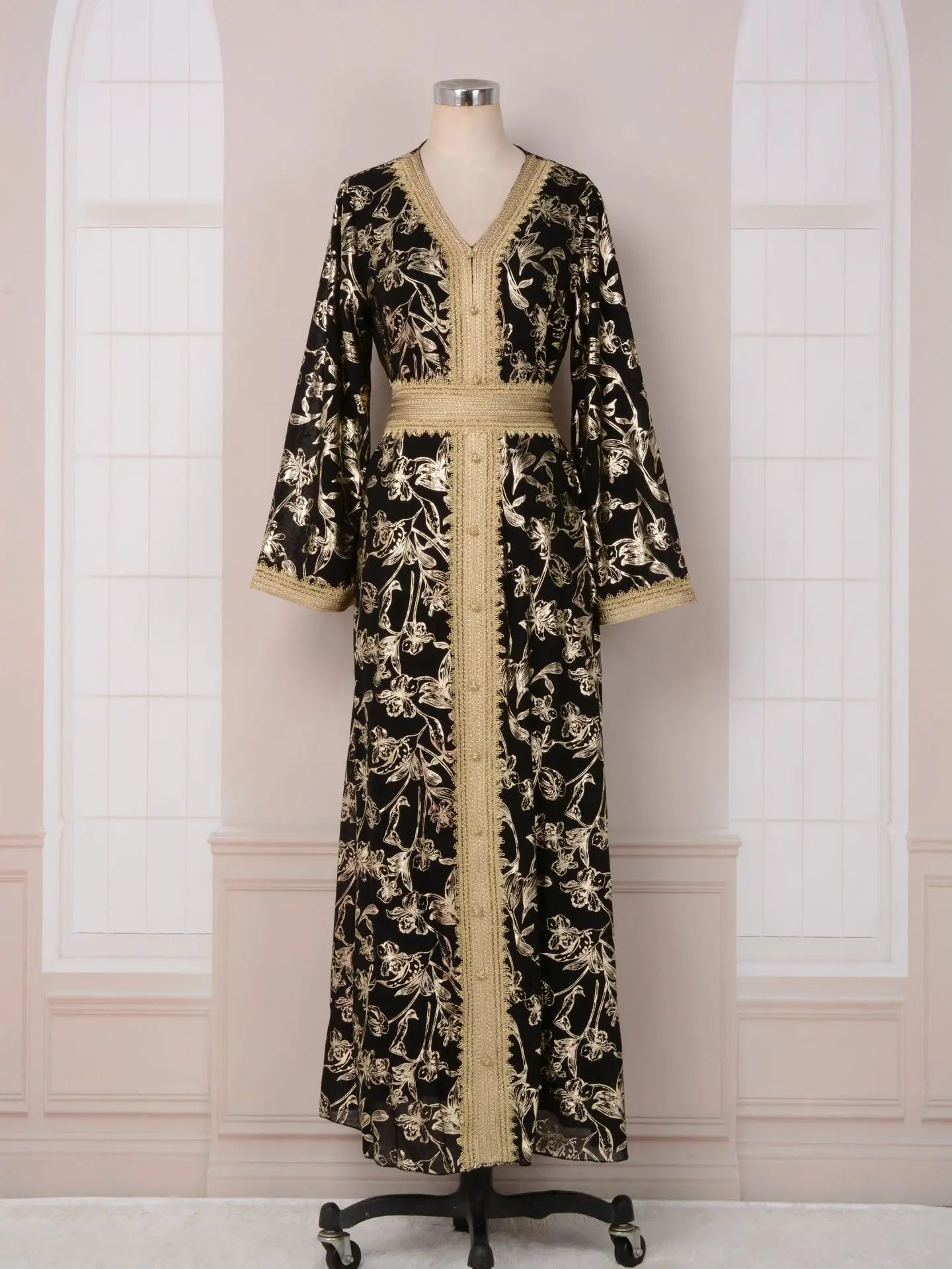 S-2XL Muslim Abaya Dress Patchwork Printed Long Sleeve Arabic Muslim Abaya Saudi Turkish Islamic Party Dress V Neck Kaftan Robe