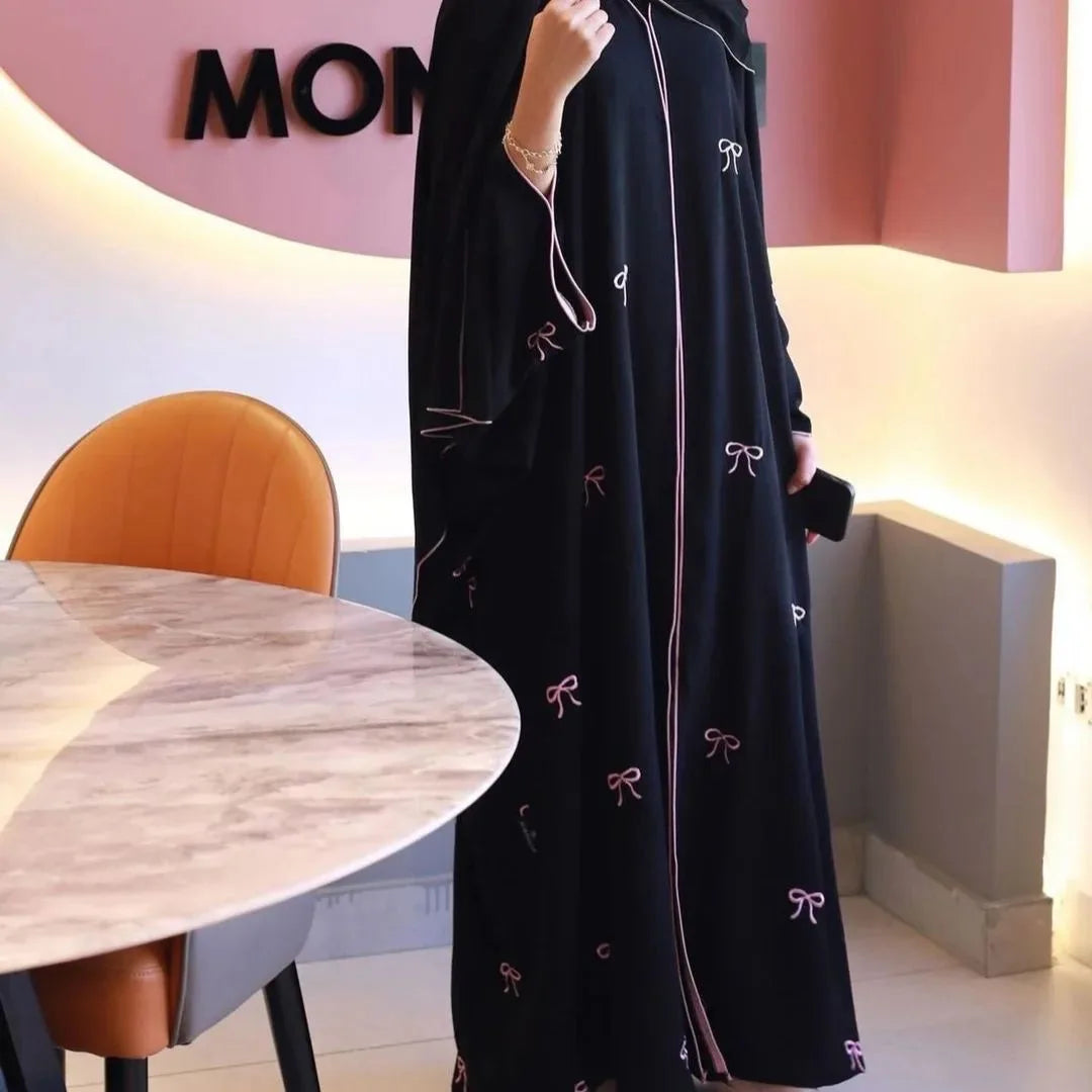2025 New Ramadan Stylish Embroidery Modest Abaya Dubai Turkish Elegant Bowknot Cardigan Women Dubai Abayas for Women Muslim