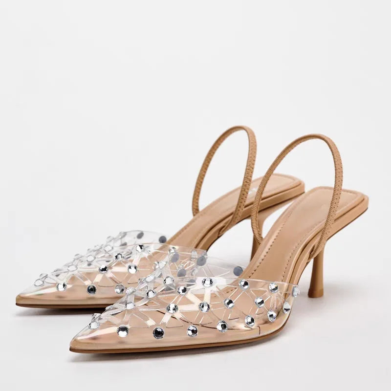 ZA Women's 2026 Summer Nude Sandals Pearl Rhinestone Pointed Toe Mules Heel Back Strap Party Wedding Dress Shoes Elegant Pumps