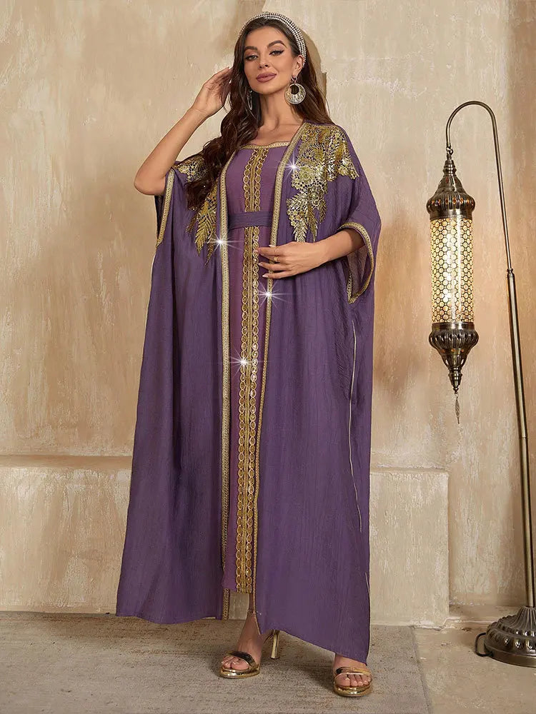 Latest Muslim Kaftan Abaya Women Purple Modest Dress Gold Sequin Embroidered 3/4 Sleeve Open Abaya Islamic Formal Gown