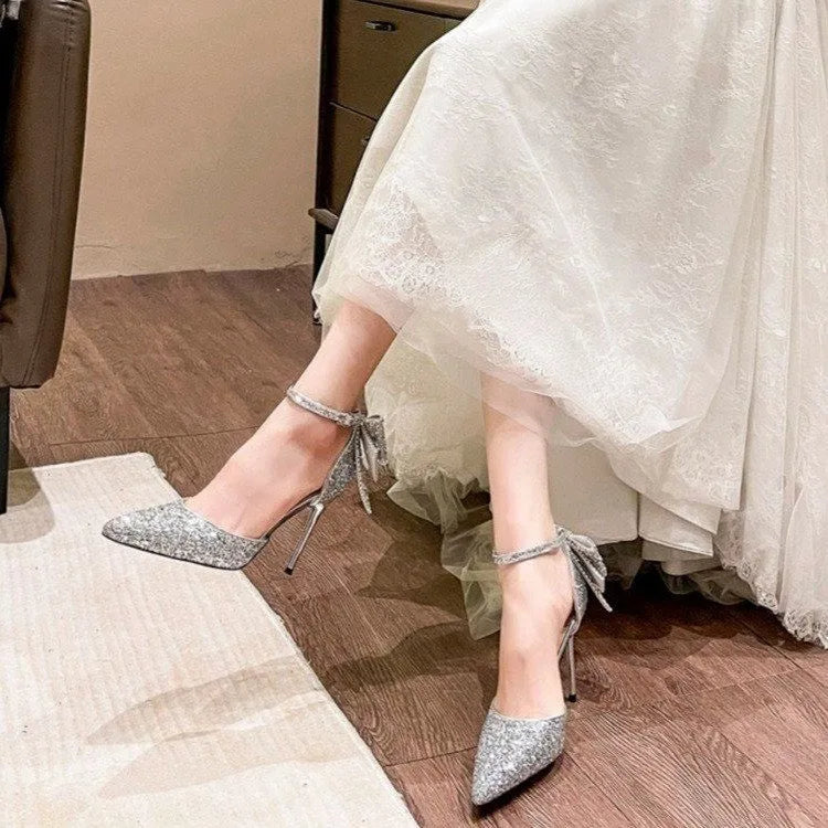 Women's Luxury Bridal High Heel Pumps Shoes Sequined Bowknot Hollow Out Closed Toe Thin Heels for All Seasons