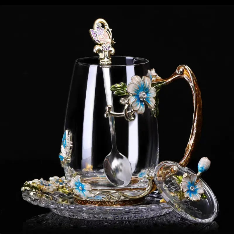 Beauty Enamel Crystal Glass Cup Flower Tea Mug High-grade Glass Water Cup and Mug with Handgrip Perfect Gift for Lover Wedding