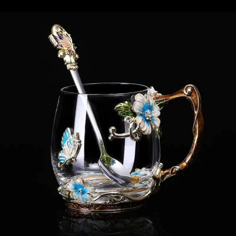 Beauty Enamel Crystal Glass Cup Flower Tea Mug High-grade Glass Water Cup and Mug with Handgrip Perfect Gift for Lover Wedding
