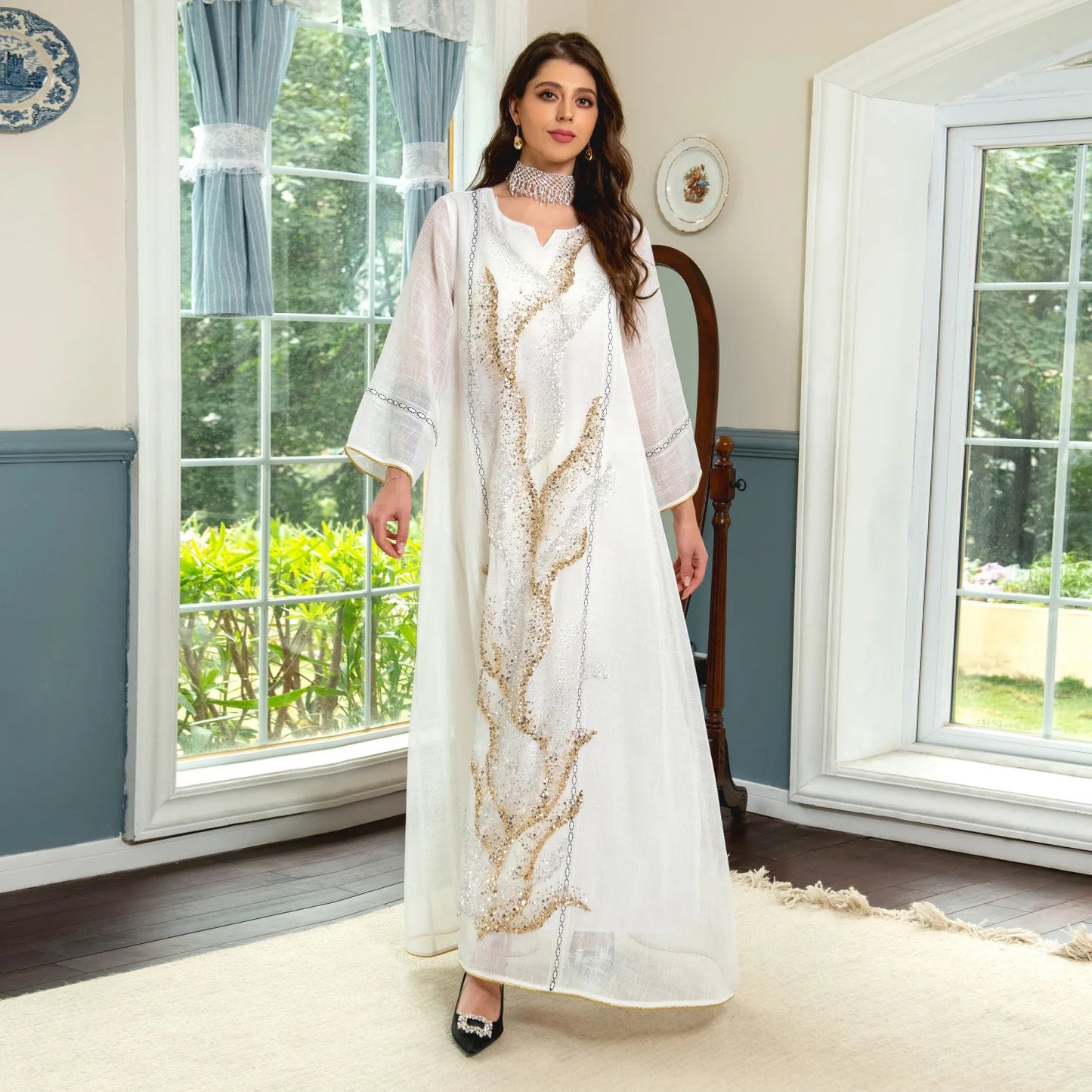 2023 Eid Pink Beads Islamic Clothing Abaya Women Muslim Dress Abaya Dubai