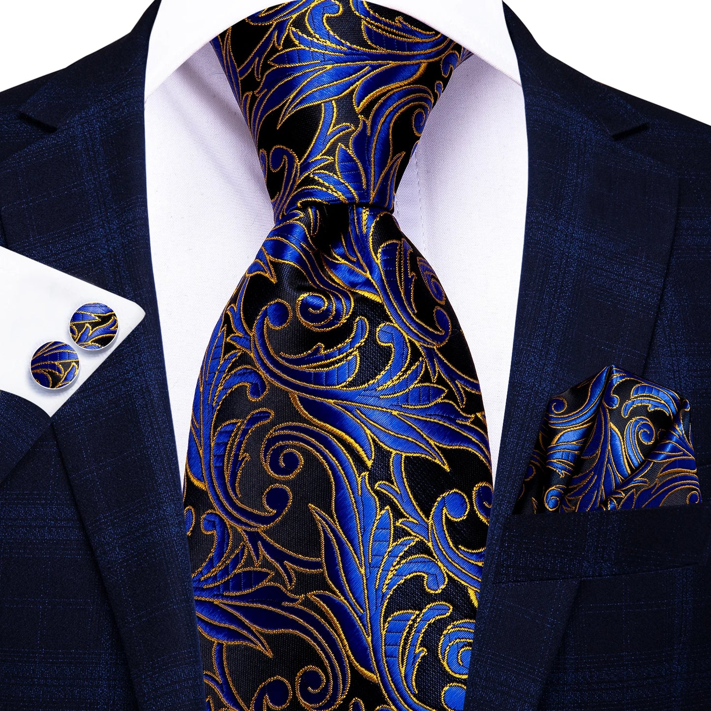 Hi-Tie 100% Silk Luxury Mens Ties Floral Black Gold Ties Paisley NeckTie Pocket Square Cufflinks Set Men's Wedding Party Tie