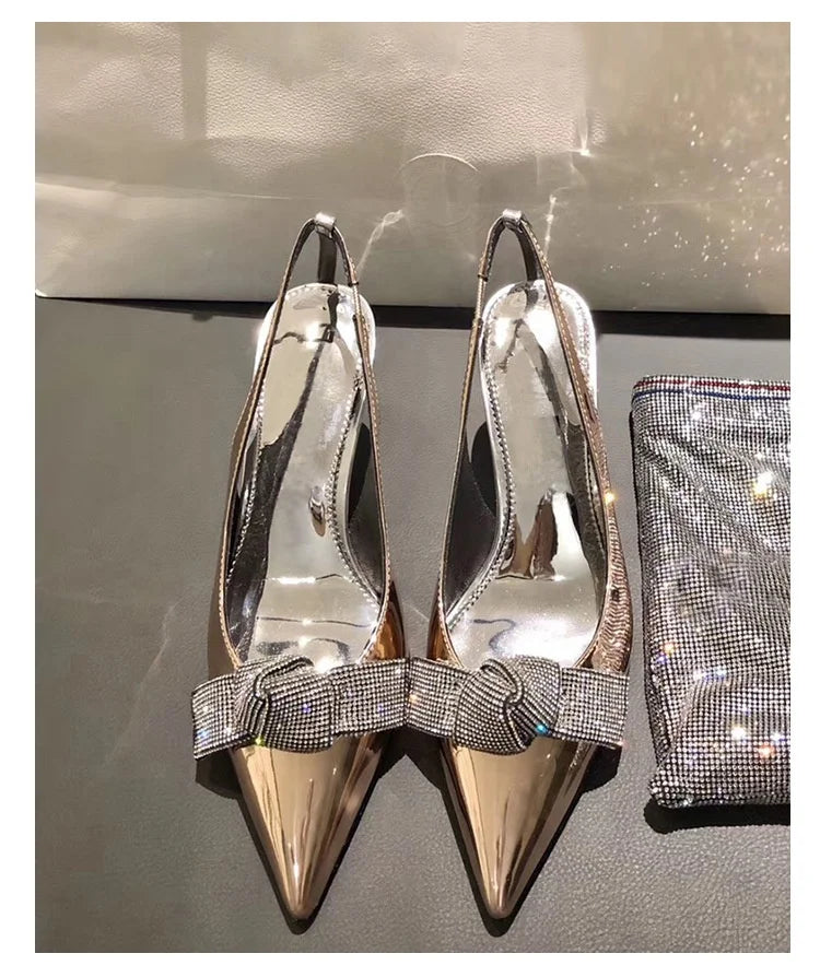 BUSY GIRL T006 Women's Shoes Silver and champagne Luxury 6cm Heel Pointed Patent Leather Dress Shoes Ladies Pump Shoes