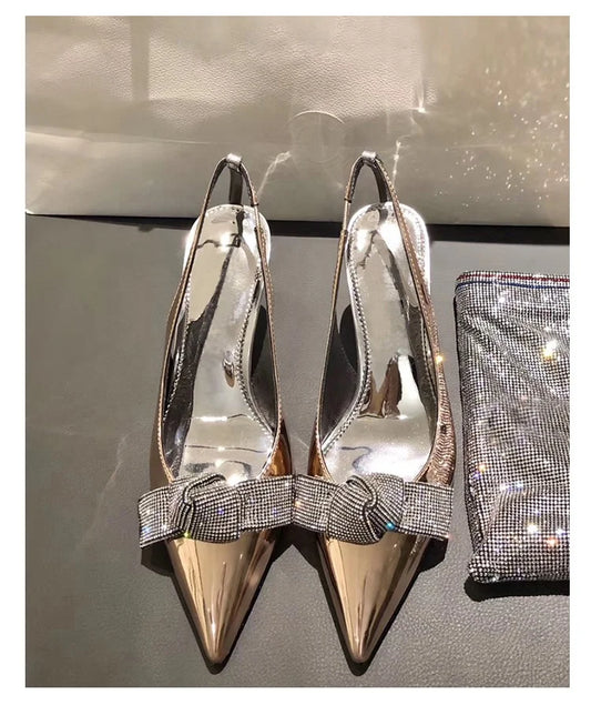 BUSY GIRL T006 Women's Shoes Silver and champagne Luxury 6cm Heel Pointed Patent Leather Dress Shoes Ladies Pump Shoes
