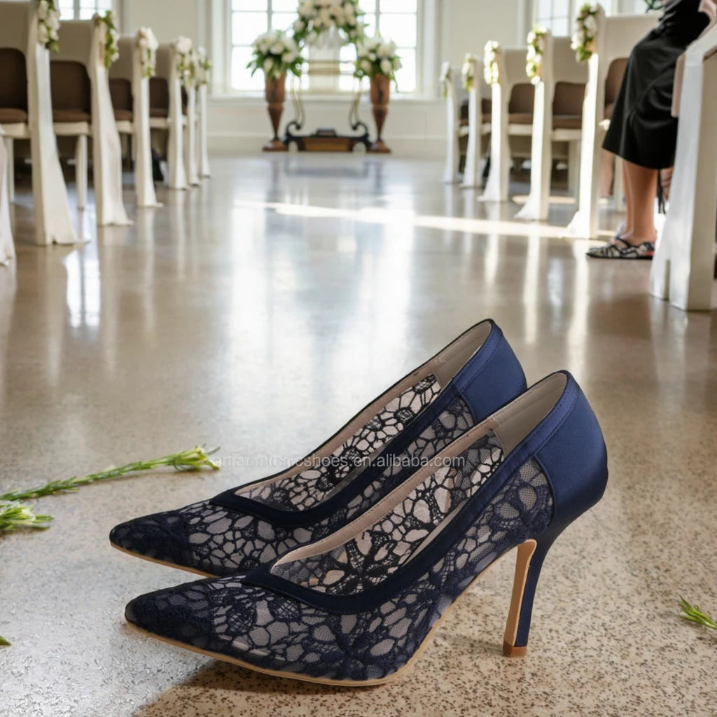 Women's Navy Blue D'orsay Pumps High Quality Bridal Shoes Thin Heels Ankle Strap Closed Toe Sizes 3cm-8cm for Weddings Autumn