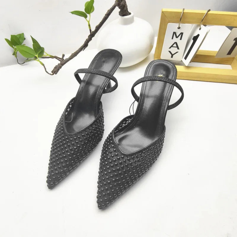 ZA Women's 2026 Summer Nude Sandals Pearl Rhinestone Pointed Toe Mules Heel Back Strap Party Wedding Dress Shoes Elegant Pumps