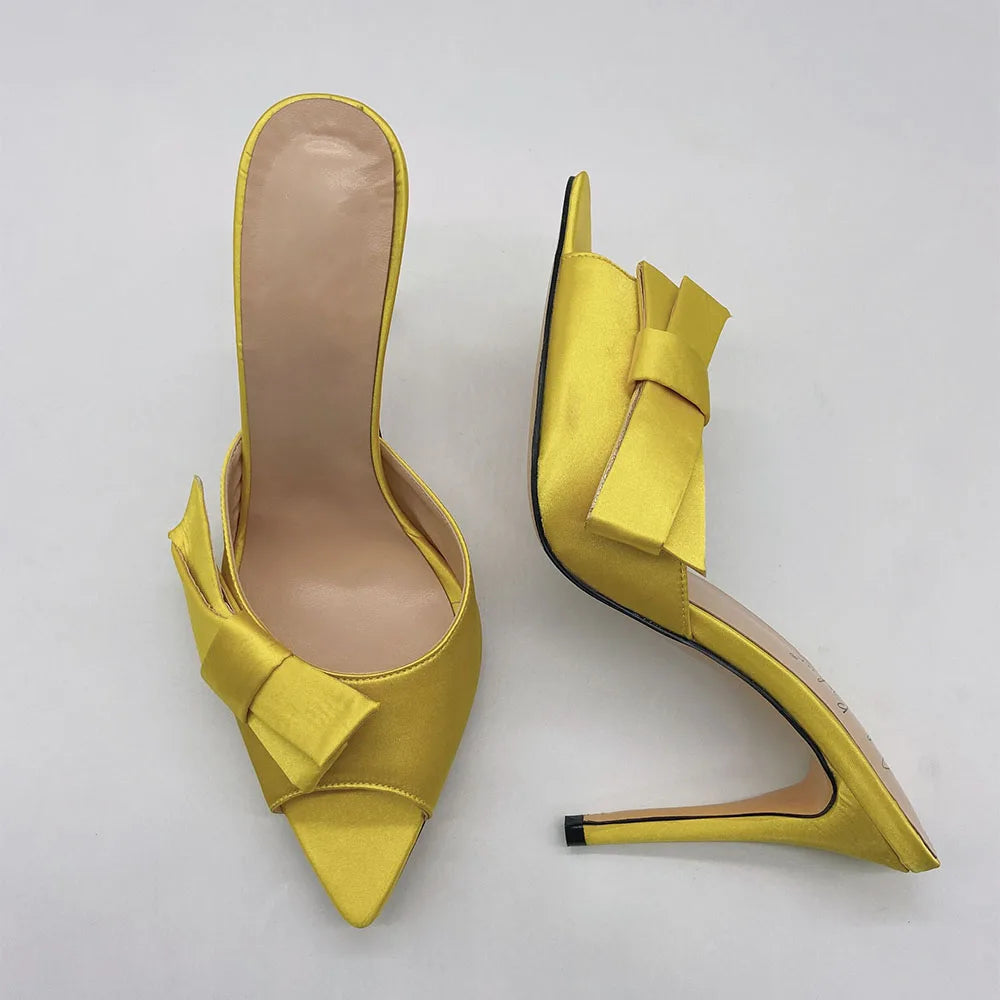 Summer Pointed Toe Satin Mules Shoes Women Heels Large Size High Heel Sandals With Bow