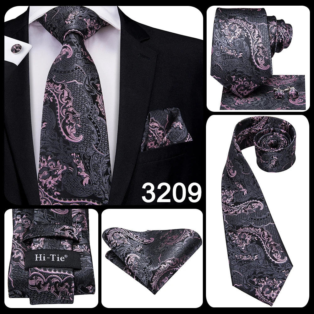 Hi-tie Design Black Solid Dot Silk Wedding Tie For Men Hanky Cufflink Gift Men Necktie Gravata Set Fashion Business Dropshipping