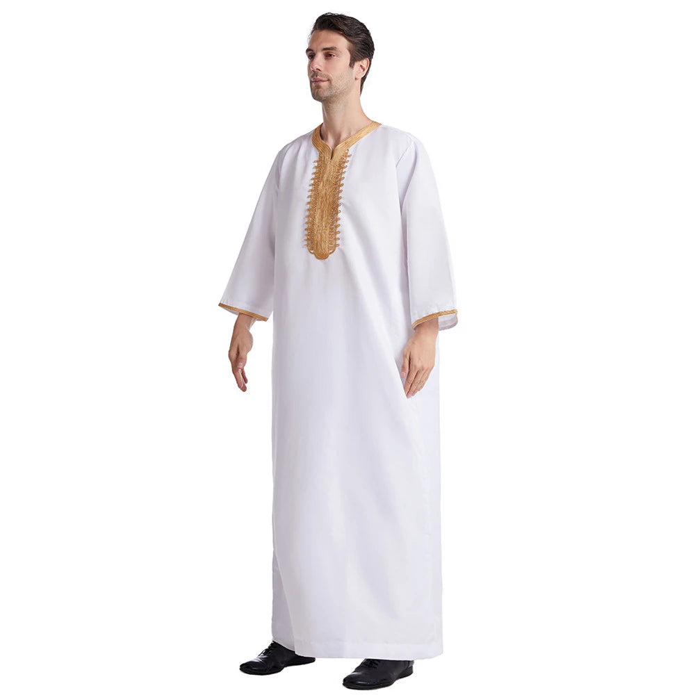 Muslim Men Jubba Thobe Solid Color Breathable Embroidery Long Robes Gown Islamic Arabic Kaftan Abaya Middle East Dubai Pakistani