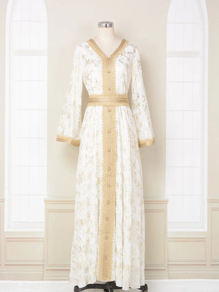 S-2XL Muslim Abaya Dress Patchwork Printed Long Sleeve Arabic Muslim Abaya Saudi Turkish Islamic Party Dress V Neck Kaftan Robe